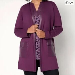 New Belle by Kim Gravel Ponte Duster w/ Faux Leather Trim Roasted Fig size 2X